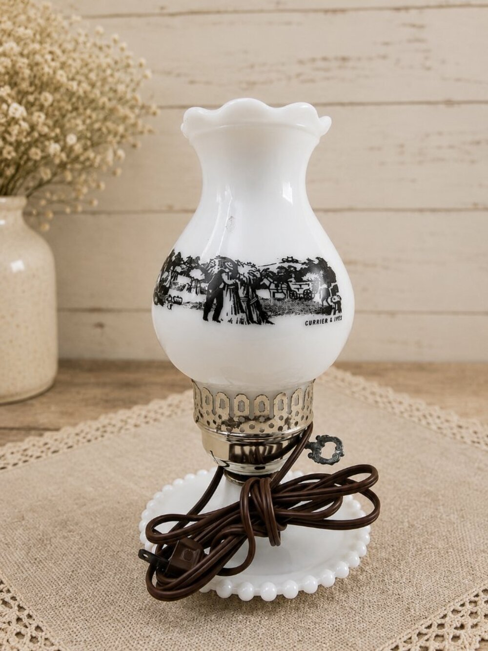 CURRIER & IVES | Vintage Milk Glass Hurricane Style Lamp